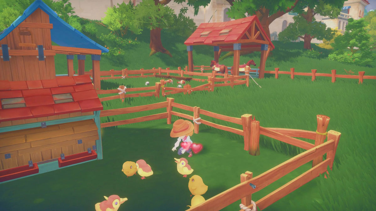 My Time At Portia Screenshot Showing the main female character tending to chicks and baby birds in her farm